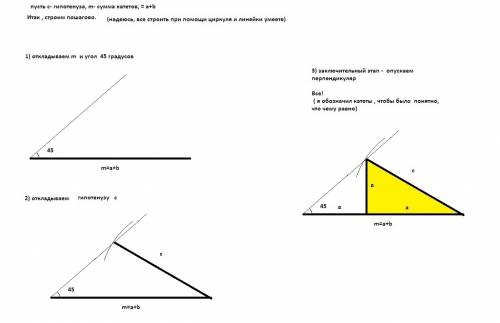 Даны два отрезка m и c. построить прямоугольный треугольник, в котором гипотенуза равна c, а сумма к