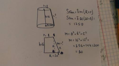 Радиусы оснований усеченного конуса равны 20 и 8 см.найтм площадь боковой поверхности конуса,если ег