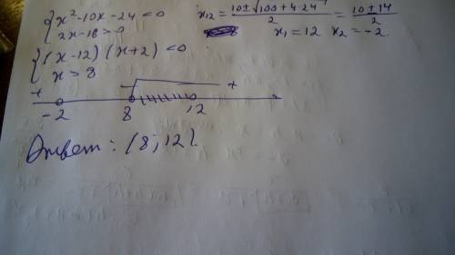 Решите систему неравенств x^2-10x-24< 0 2x-16> 0