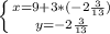 \left \{ {{x=9+3 * (- 2 \frac{3}{13} )} \atop {y=- 2 \frac{3}{13} } \right.