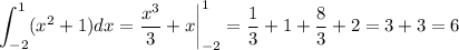 \displaystyle \int^1_{-2}(x^2+1)dx= \frac{x^3}{3}+x \bigg|^1_{-2}= \frac{1}{3}+1+ \frac{8}{3}+2=3+3=6