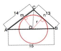 Стороны треугольника a=13, b=14, c=15. из них двое (а и b) являются касательными к окружности центр