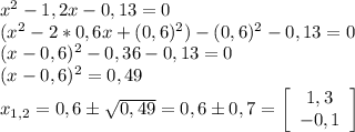 x^2-1,2x-0,13=0 \\ (x^2-2*0,6x+(0,6)^2)-(0,6)^2-0,13=0 \\ (x-0,6)^2-0,36-0,13=0 \\ (x-0,6)^2=0,49 \\x_{1,2}=0,6б \sqrt{0,49} =0,6б0,7= \left[\begin{array}{c}1,3&-0,1\end{array}\right]