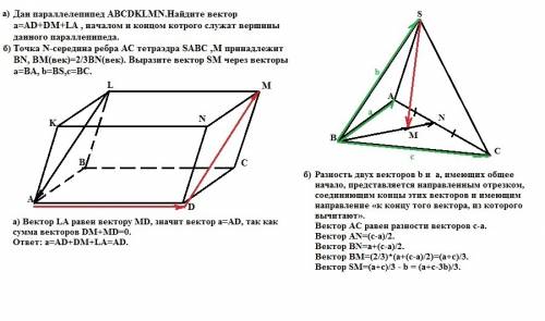 Нужна ! : с дан параллелепипед abcdklmn.найдите вектор а=ad+dm+la ,началом и концом котрого служат в