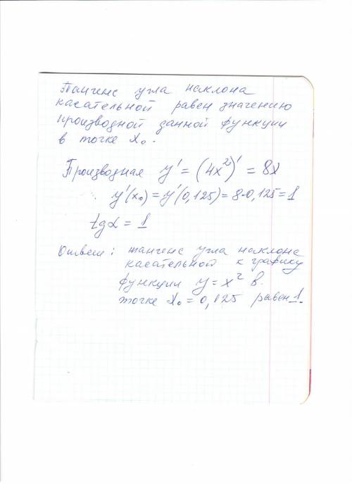 Найдите тангенс угла наклона касательной проведенной к графику функции y=4x^2 в точке =-0.125