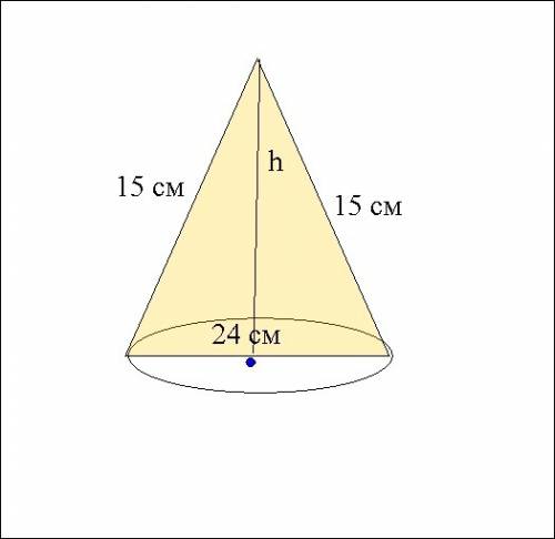 Осевое сечение конуса - треугольник со сторонами 15 см,15 см и 24 см. найти объем конуса. ,если можн