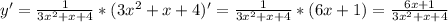 y'=\frac{1}{3x^2+x+4} * (3x^2+x+4)'= \frac{1}{3x^2+x+4}*(6x+1)= \frac{6x+1}{3x^2+x+4}