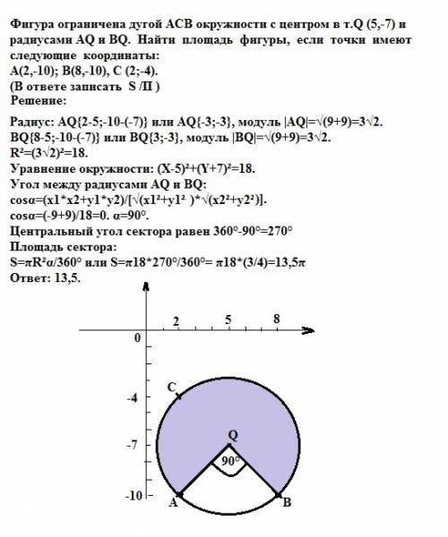 Фигура ограничена дугой аcв окружности с центром в т.q (5,‐7) и радиусами aq и bq. найти площадь фиг