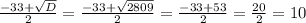 \frac{-33+\sqrt{D} }{2}=\frac{-33+\sqrt{2809} }{2}=\frac{-33+53}{2}=\frac{20}{2} =10
