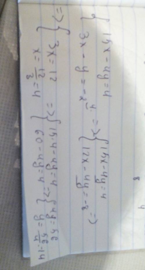 Решите систему уравнений с подстановки 15x-4y=4 3x-y=-2