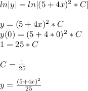 ln|y|=ln|(5+4x)^2*C| \\ \\ y=(5+4x)^2*C \\ y(0)=(5+4*0)^2*C \\ 1=25*C \\ \\ C= \frac{1}{25} \\ \\ y= \frac{(5+4x)^2}{25}