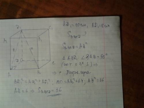 Найти площадь основания правильной четырехугольной призмы, если ее диагональ равно 10 см, а диагонал