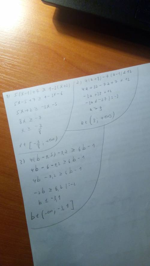 1) 5(x-1)+7больше или равно1-3(x+2) 2) 4(a+8)-7(a-1)меньше12 3) 4(b-1,5)-1,2больше или равно6b-1 4)