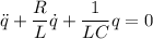 \displaystyle&#10;\ddot{q}+\frac{R}{L}\dot{q}+\frac{1}{LC}q = 0