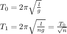 T_0=2\pi\sqrt{\frac{l}{g}}\\\\&#10;T_1=2\pi\sqrt{\frac{l}{ng}}=\frac{T_0}{\sqrt{n}}