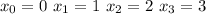 x_0=0 \ x_1=1 \ x_2=2 \ x_3=3