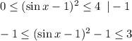 0 \leq (\sin x-1)^2 \leq 4\,\,\, |-1\\ \\ -1 \leq (\sin x-1)^2-1 \leq 3