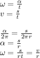 \omega=\frac{\alpha}{t}\\ v=\frac{s}{t}\\\\ \frac{\alpha}{2\pi}=\frac{s}{2\pi r}\\ \alpha=\frac{s}{r}\\ \omega=\frac{s}{rt}=\frac{v}{r}