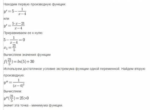 Найдите точку минимума функции : y=5x-ln(x-4)+9