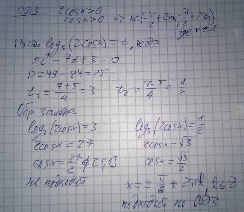 2(log3)^2 (2cosx)-7log3(2cosx)+3=0 корни на промежутке ( -3pi; -3pi/2)