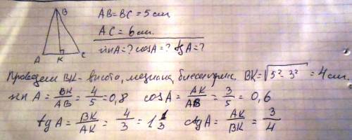 Основание равнобедренного треугольника равно 6 см,а боковая сторона -5 см.найдите синус,косинус и та