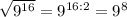 \sqrt{9^{16}}=9^{16:2}=9^8