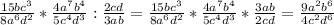 \frac{15b c^{3} }{8a^{6}d^{2} } * \frac{4a^{7} b^{4} }{5c^{4} d^{3} } : \frac{2cd}{3ab}= \frac{15b c^{3} }{8a^{6}d^{2} } * \frac{4a^{7} b^{4} }{5c^{4} d^{3} } *\frac{3ab}{2cd} = \frac{9a^{2} b^{6} }{4c^{2} d^{6} }