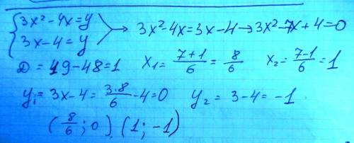 Решите систему неравенств: 3х^2 - 4x = y 3x - 4 = y