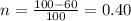 n= \frac{100-60}{100} =0.40