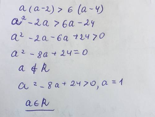 3.1. докажите, что при любом значении a выполняется неравенство: a(a − 2) > 6(a − 4) .