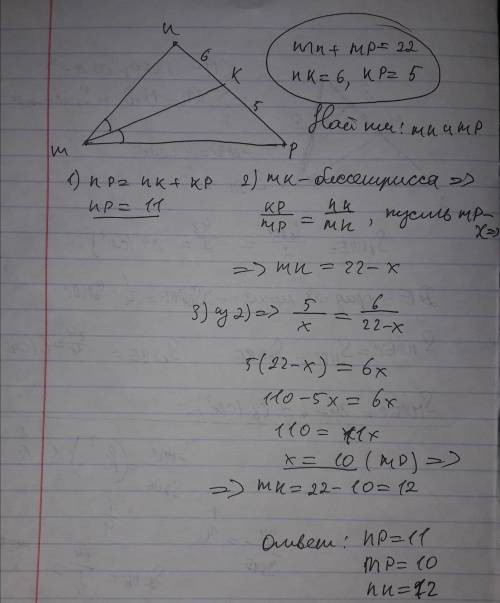 Втреугольнике mnp проведена биссектриса mk найти стороны треугольника, если mn+mp=22, nk=6 kp=5