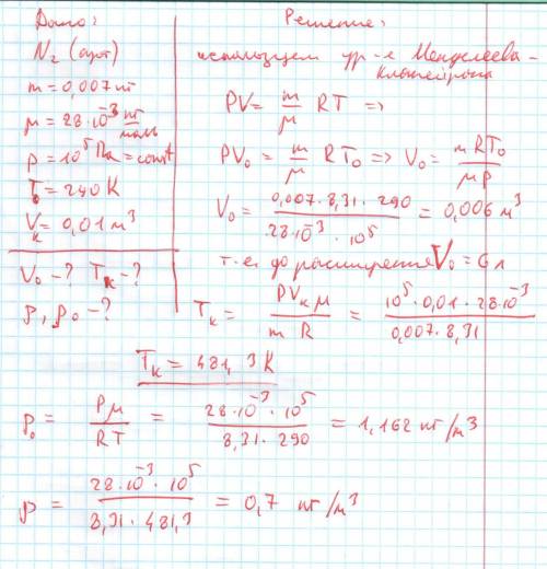 8.азот массой 7 г находится под давлением 0,1 мпа и температуре 290 к. вследствие изобарного нагрева