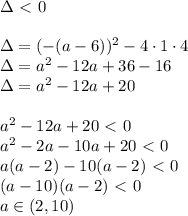 \Delta\ \textless \ 0\\\\&#10;\Delta=(-(a-6))^2-4\cdot1\cdot4\\&#10;\Delta=a^2-12a+36-16\\&#10;\Delta=a^2-12a+20\\\\&#10;a^2-12a+20\ \textless \ 0\\&#10;a^2-2a-10a+20\ \textless \ 0\\&#10;a(a-2)-10(a-2)\ \textless \ 0\\&#10;(a-10)(a-2)\ \textless \ 0\\&#10;a\in(2,10)&#10;