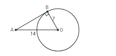 Окружность с центром о ав касательная в точка касания ов радиус ао = 14 ов = 7. найти угол а. угол а
