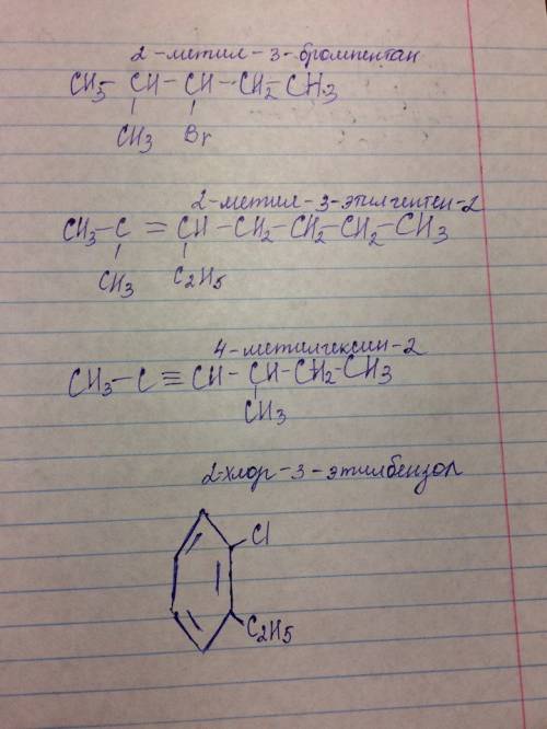 Напишите структурные формулы 2-метил-3-бромпентан 2-метил-3-этил-гептен-2 4-метилгексин-2 2-хлор-3-э