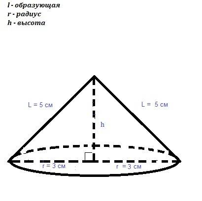 Радиус основания конуса равен 3 см, а образующая конуса равна 5 см. найдите объем конуса. (с рисунко