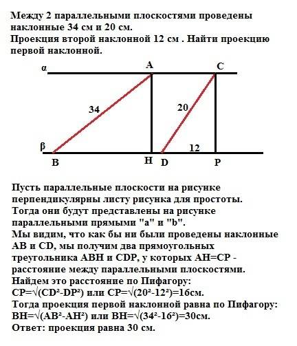 Решить между 2 параллельными плоскостями проведены наклонные 34 см и 20 см .проекция второй наклонно