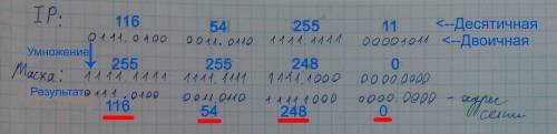 Найдите адрес сети ip-адреса : 116.54.255.11116.54.255.11 и маски 255.255.248.0255.255.248.0. в отве