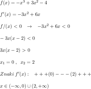 f(x)=-x^3+3x^2-4\\\\f'(x)=-3x^2+6x\\\\f/(x)\ \textless \ 0\; \; \; \to \; \; \; -3x^2+6x\ \textless \ 0\\\\-3x(x-2)\ \textless \ 0\\\\3x(x-2)\ \textgreater \ 0\\\\x_1=0\; ,\; \; x_2=2\\\\Znaki\; f'(x):\; \; \; +++(0)---(2)+++\\\\x\in (-\infty ,0)\cup (2,+\infty )