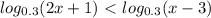 \displaystyle log_{0.3}(2x+1)\ \textless \ log_{0.3}(x-3)