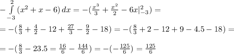 - \int\limits^2_{-3} {(x^2+x-6)} \, dx=- (\frac{x^3}{3} + \frac{x^2}{2} -6x|^2_{-3}) =\\ \\ = -(\frac{8}{3} + \frac{4}{2} -12+ \frac{27}{3} - \frac{9}{2} -18)=-(\frac{8}{3} +2-12+9-4.5-18)= \\ \\ =-(\frac{8}{3} -23.5= \frac{16}{6} - \frac{144}{6}) = -(-\frac{125}{6} )=\frac{125}{6}