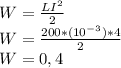 W= \frac{LI^{2} }{2}\\W=\frac{200*(10^{-3})*4}{2}\\W=0,4