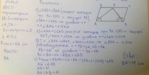 Впараллелограмме abcd биссектрисы dk и ak углов d и a пересекает сторону bc в точке k. найдите длину