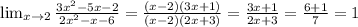 \lim_{x \to 2} \frac{3x^{2}-5x-2}{2x^{2}-x-6} = \frac{(x-2)(3x+1)}{(x-2)(2x+3)}= \frac{3x+1}{2x+3}= \frac{6+1}{7}=1