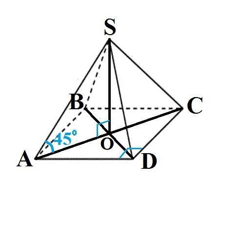 Вправильной четырёхугольной пирамиде боковое ребро образует с плоскостью основания угол 45 градусов.