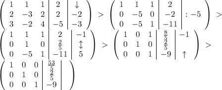 \left(\begin{array}{ccc|c|c}1&1&1&2&\downarrow\\2&-3&2&2&-2\\3&-2&4&-5&-3\end{array}\right)\ \textgreater \ \left(\begin{array}{ccc|c|c}1&1&1&2&\\0&-5&0&-2&:-5\\0&-5&1&-11&\end{array}\right)\ \textgreater \ \\\left(\begin{array}{ccc|c|c}1&1&1&2&-1\\0&1&0&\frac{2}{5}&\updownarrow\\0&-5&1&-11&5\end{array}\right)\ \textgreater \ \left(\begin{array}{ccc|c|c}1&0&1&\frac{8}{5}&-1\\0&1&0&\frac{2}{5}&\\0&0&1&-9&\uparrow\end{array}\right)\ \textgreater \ \\\left(\begin{array}{ccc|c|c}1&0&0&\frac{53}{5}&\\0&1&0&\frac{2}{5}&\\0&0&1&-9&\end{array}\right)\\