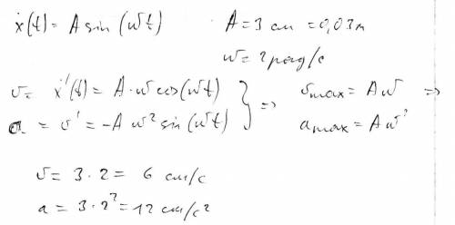 Материальная точка совершает колебания по закону x(t)=a⋅sin(ω⋅t), где a=3 см амплитуда колебаний, ω=