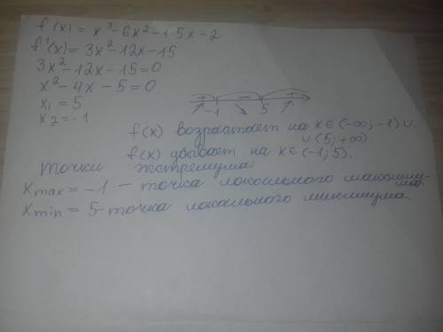 Найдите промежутки возрастания и убывания функции и точки экстремума f(x)=x^3-6x^2-15x-2