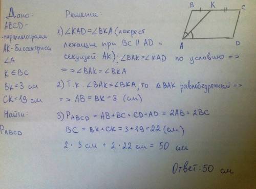 Биссектриса угла а параллелограмма abcd пересекает сторону bc в точке k. найдите периметр параллелог