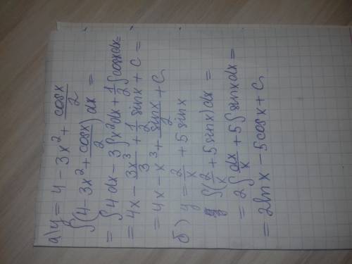 Найдите общий вид первообразной а) y=4-3x^2+cosx/2 б) y=2/x+5sinx